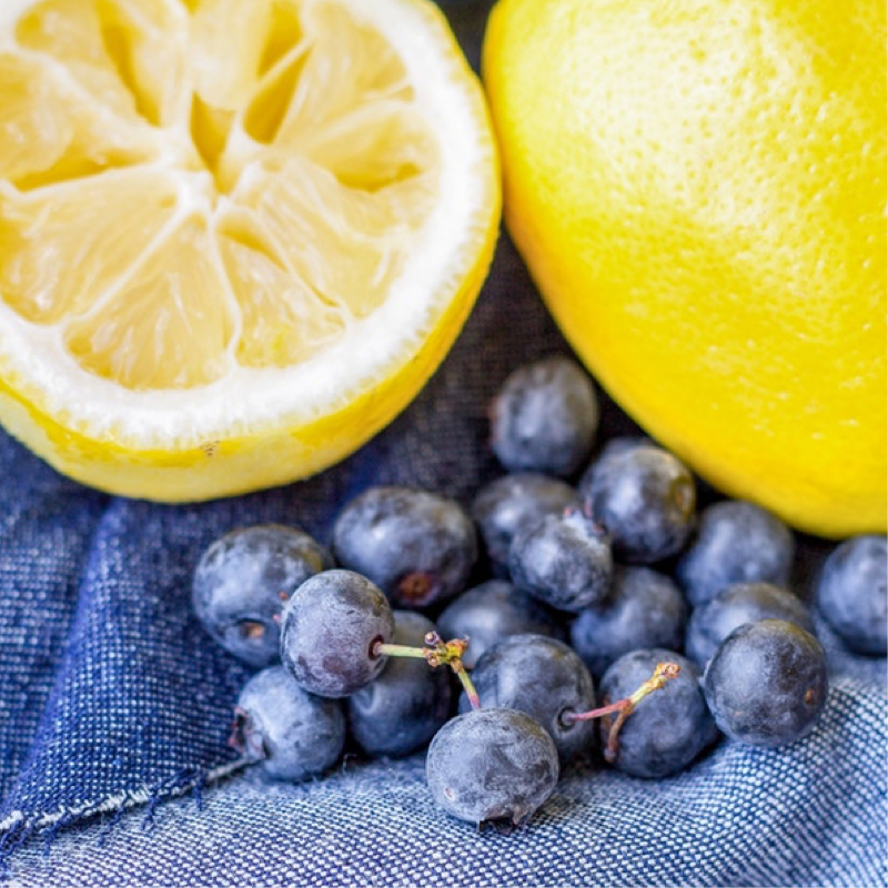lemon and blueberries on jeans